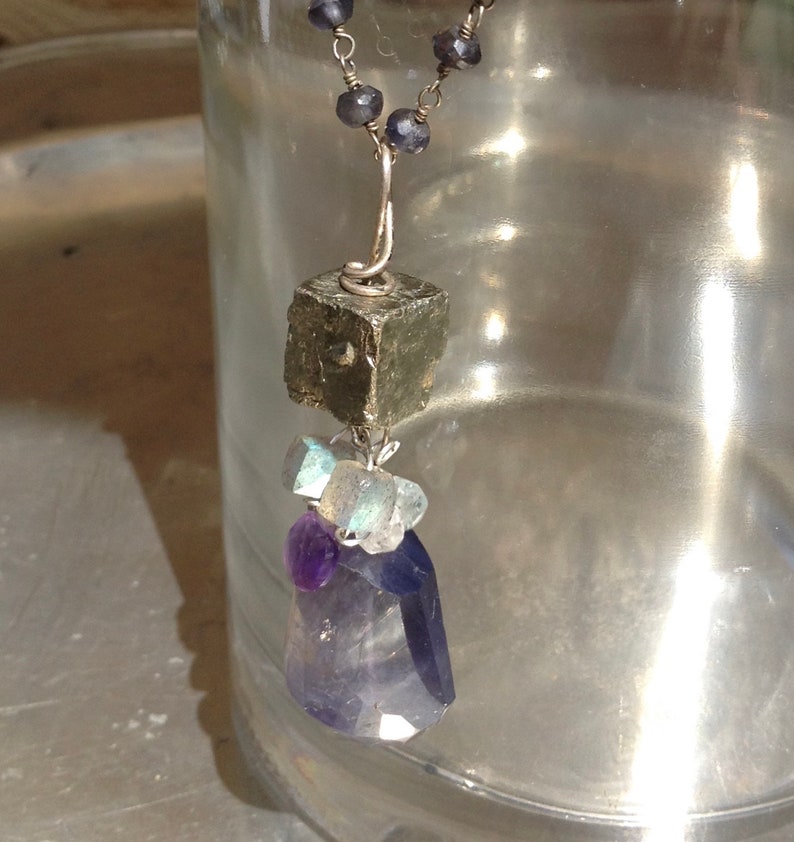 Iolite and Pyrite gemstone art necklace with Amethyst, Labradorite, Aquamarine and Sterling Silver image 3