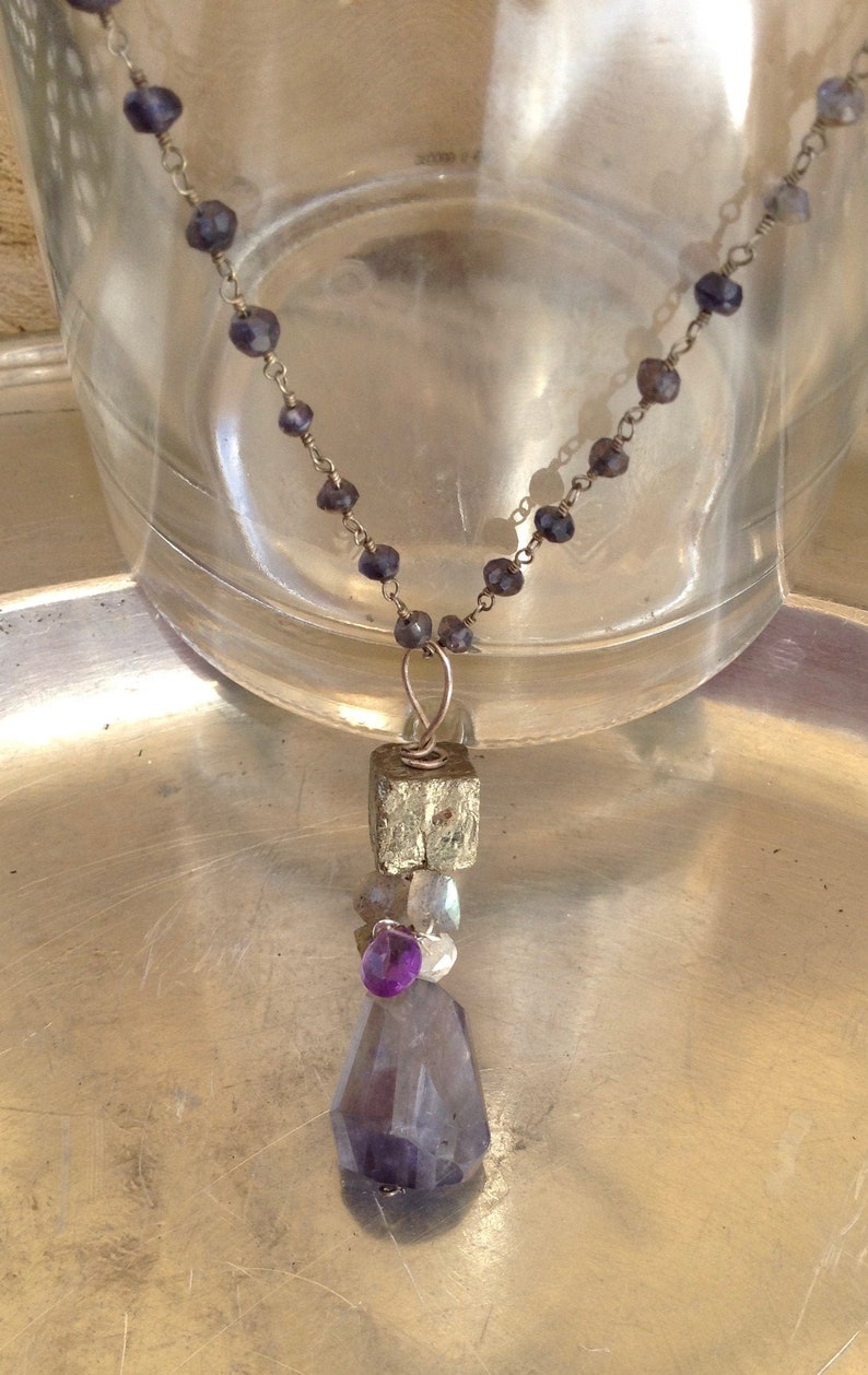 Iolite and Pyrite gemstone art necklace with Amethyst, Labradorite, Aquamarine and Sterling Silver image 2