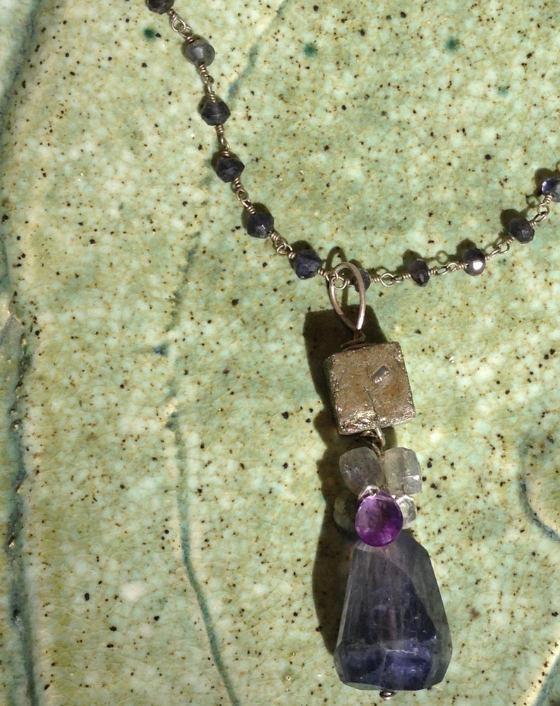 Iolite and Pyrite gemstone art necklace with Amethyst, Labradorite, Aquamarine and Sterling Silver image 4