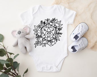 D20 Floral Fantasy Dice Baby Bodysuit, Cute Board Game Baby Gift, DM DND Dice Fantasy Baby Outfit