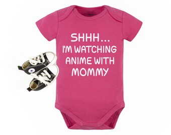 Shhh... I'm Watching Anime With Mommy Cute Nerdy Baby Bodysuit, Funny Anime Baby Gift, Otaku Geek Baby Outfit