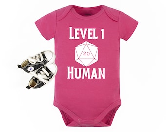 Level 1 Human Baby Bodysuit, Funny Gamer Baby Gift, DM DND Dice Fantasy Baby Outfit