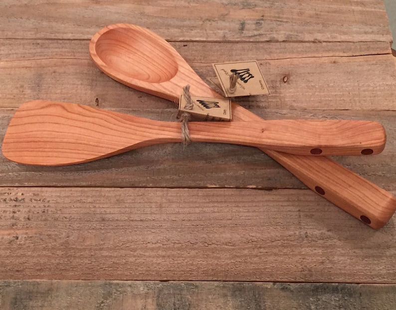 Wooden Kitchen Spoon and Spatula Set Handmade In Maine With Inlay Accented Handles USA