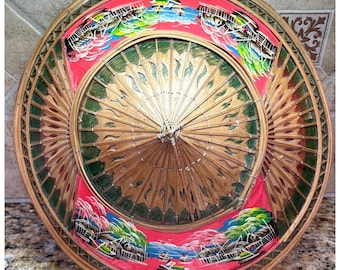 VTG Handbemalte Thai Konische Hut Traditionelle Bambus/Rattan Bauern Reis Hut 15"