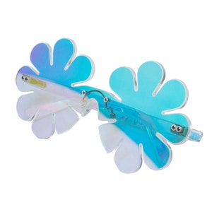May include: A pair of iridescent blue flower-shaped sunglasses with a white frame.