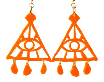 Neon Illuminati Earrings, Orange, Acid, Anti Masonic, Party, Rave, Clubwear, Club kids