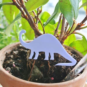 Pode incluir: Uma planta em vaso com um dinossauro de cor p&uacute;rpura claro recortado colocado no solo. A planta est&aacute; em um vaso de terracota marrom.