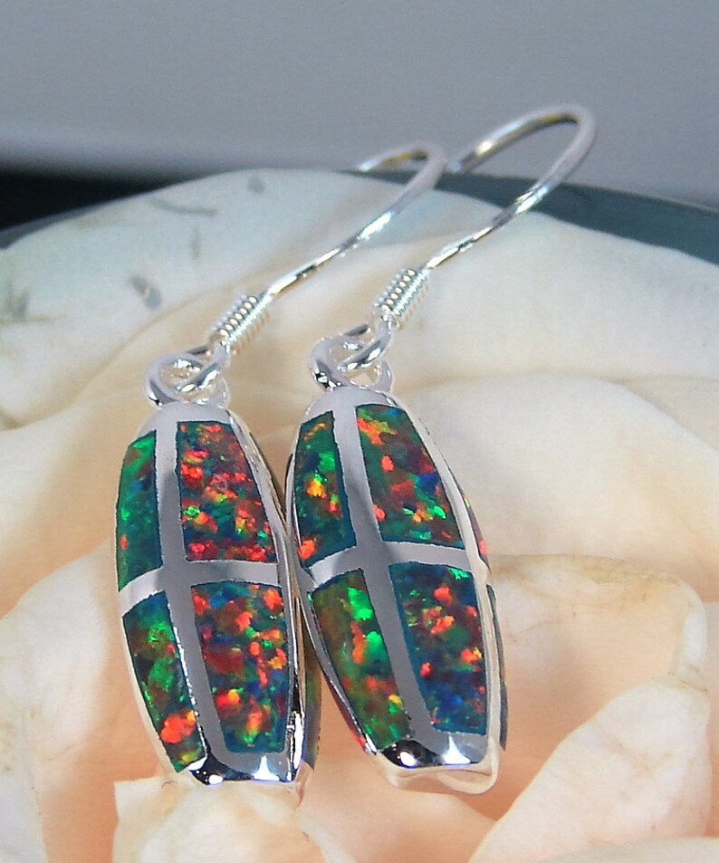 Fire Opal Inlay Dangle Drop Barrel Earrings 925 Sterling Etsy
