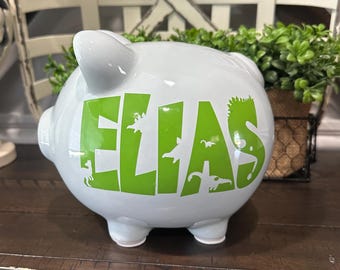 Aangepast keramiek spaarvarken dinosaurus: gepersonaliseerde naam of geboortestatistieken kinderkamerdecoratie