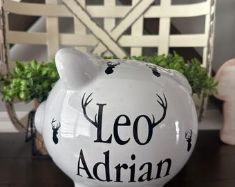 Custom Deer Head Antler Ceramic Piggy Bank for Boys: Personalized Name or Birth Stats Nursery Decor