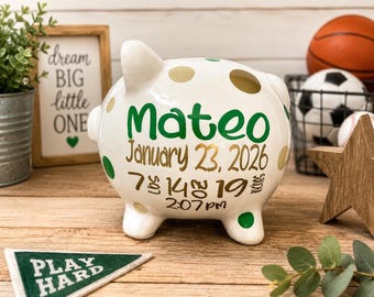 Custom Ceramic Piggy Bank: Personalized Baby Name and Birth Stats