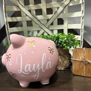 Custom Sweet Bow Ceramic Piggy Bank for Girls: Personalized Name or Birth Stats Nursery Decor image 5