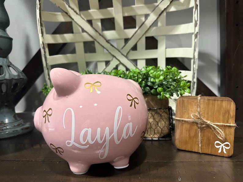 Custom Sweet Bow Ceramic Piggy Bank for Girls: Personalized Name or Birth Stats Nursery Decor image 5