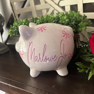 Custom Sweet Bow Ceramic Piggy Bank for Girls: Personalized Name or Birth Stats Nursery Decor image 4
