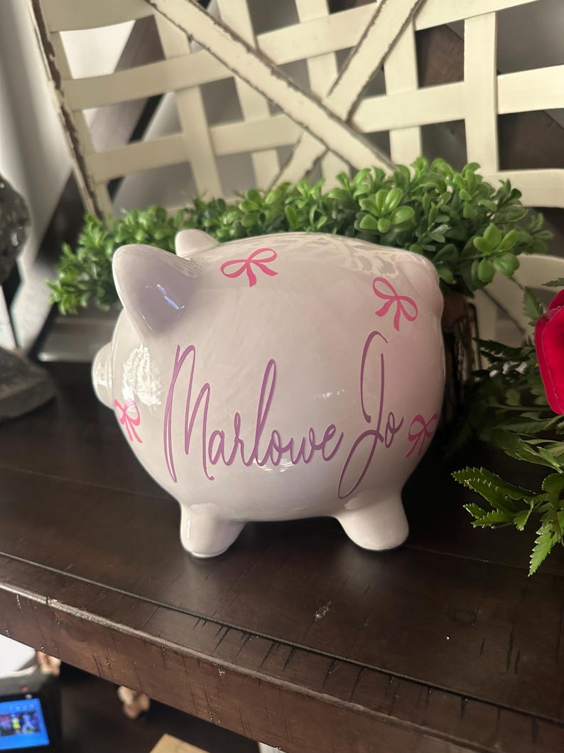 Custom Sweet Bow Ceramic Piggy Bank for Girls: Personalized Name or Birth Stats Nursery Decor image 4
