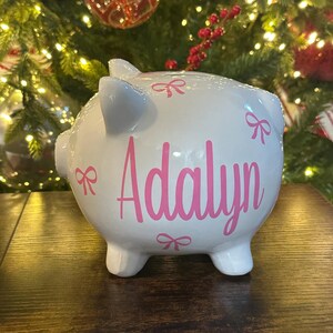 Custom Sweet Bow Ceramic Piggy Bank for Girls: Personalized Name or Birth Stats Nursery Decor image 2
