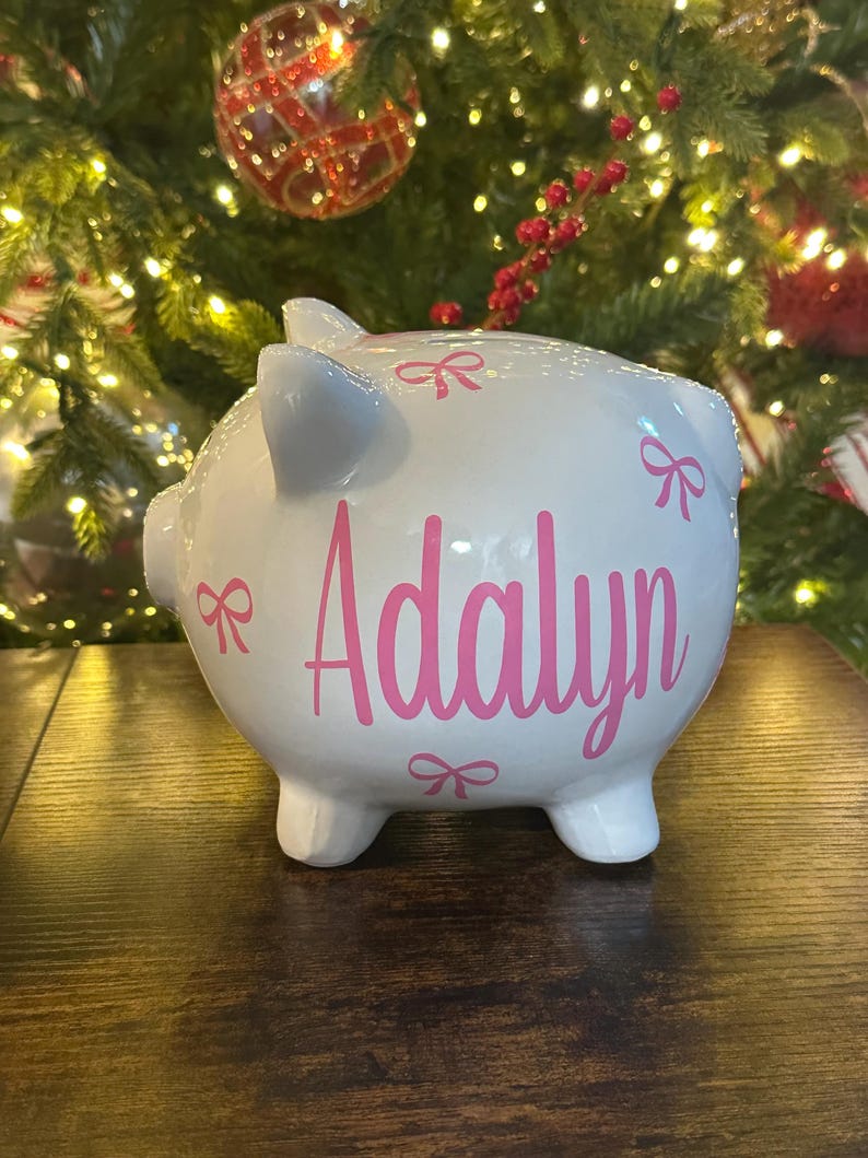 Custom Sweet Bow Ceramic Piggy Bank for Girls: Personalized Name or Birth Stats Nursery Decor image 2