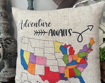 Adventure Awaits Travel Pillow Sham: Color-In USA Map (18x18)