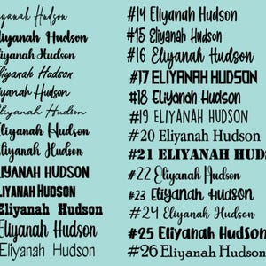 May include: A light blue background with the name "Eliyanah Hudson" written in various fonts and styles. The name is repeated 26 times, each with a number from 1 to 26.