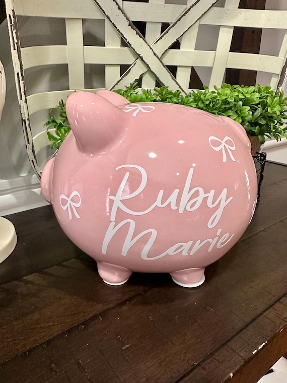 Custom Sweet Bow Ceramic Piggy Bank for Girls: Personalized Name or Birth Stats Nursery Decor