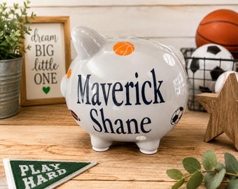 Custom Sports Themed Ceramic Piggy Bank: Personalized Name or Birth Stats Nursery Decor, Basketball, Baseball, Volleyball, Soccer, Football