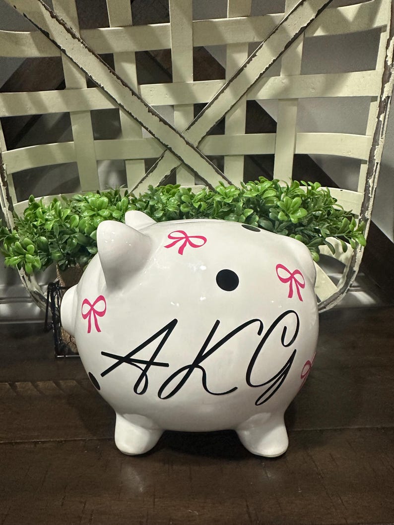 Custom Sweet Bow Ceramic Piggy Bank for Girls: Personalized Name or Birth Stats Nursery Decor image 6