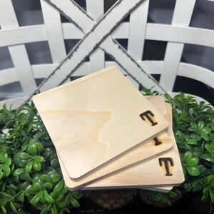 Puede incluir: Tres posavasos de madera clara con la letra "T" grabada. Los posavasos est&aacute;n apilados sobre plantas verdes, con una cesta blanca de fondo. Cada posavasos mide aproximadamente 10 cm.