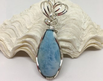 Larimar Pendant Wire Wrapped in Sterling Silver