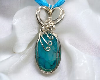 Blue / Turquoise  Wire Wrapped Pendant  Dragon Vein Agate Stone Pendant Sterling Silver