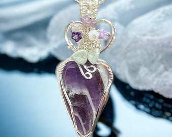 Amethyst Wire Wrapped Pendant Necklace Glass Flowers & Leaf Accents  Amethyst Jewelry Sterling Silver