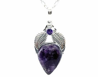 Lepidolite Amethyst Purple Stone Pendant, 925 Silver Southwestern Style Pendant & Chain USA Seller