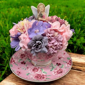 Fairy Flower Arrangement in Floral Teacup: Handmade Easter Decor