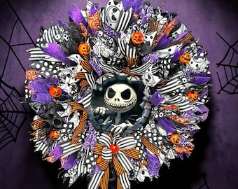 Nightmare Before Christmas Jack Skellington Wreath | Luxury Purple Halloween Front Door Decor