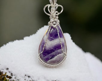 Amethyst Pendant Necklace Flower Charm ~  Amethyst Jewelry Sterling Silver Wire Wrapped Pendant