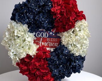 Americana Patriotic Wreath Hydrangea Front Door Wreath, God Bless America Memorial Day 4th of July Welcome Wreath