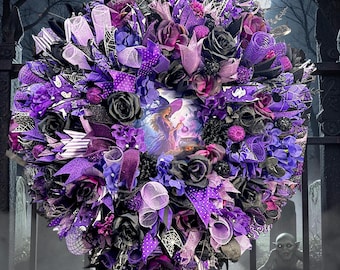 Large Purple Halloween Witch Wreath | Black Roses & Purple Hydrangeas | Gothic Halloween Door Decor | Witchy Front Door Wreath