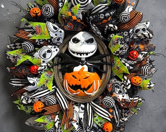 Jack Skellington Nightmare Before Christmas Lighted Halloween Wreath – Pumpkin King Front Door Decor