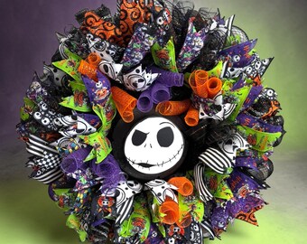 Nightmare Before Christmas Jack Skellington Halloween Wreath – Moving Spring Head – Handmade Front Door Decor