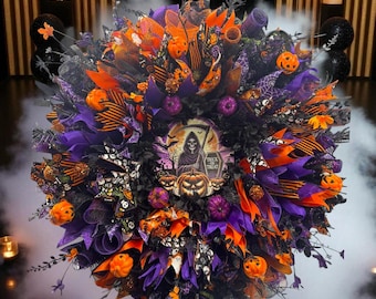 Grim Reaper Halloween Wreath, Spooky Front Door Decor, Gothic Halloween Wreath, Haunted House Decoration, Skull Ribbon