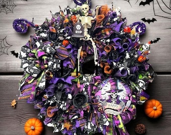 Halloween Skeleton Wreath: Tombstone, Roses & Jack O' Lanterns