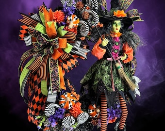 Halloween Witch Wreath, Witch Door Decor, Luxury Halloween Front Door Wreath, Handmade Halloween Decor, Orange Black Purple Wreath