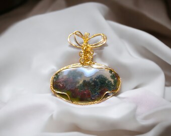 Garden Moss Agate Pendant ~  Wire Wrapped Pendant in14kt Gold