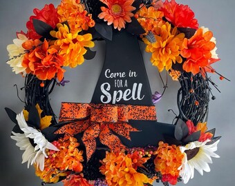 Halloween Witch Hat Wreath: Orange & Black Floral Door Decor