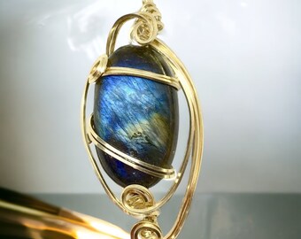 Labradorite Wire Wrapped Pendant Blue Flash Stone