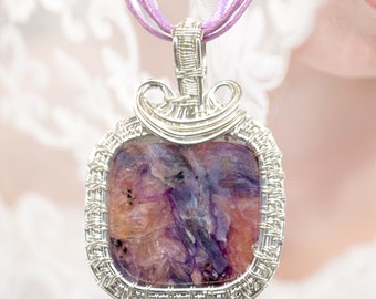 Purple Stone Pendant Necklace  Charoite Jewelry Sterling Silver ~ Wire Wrapped Pendant