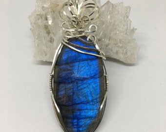 Labradorite Wire Wrapped Pendant Flashy Blue Stone in Sterling Silver