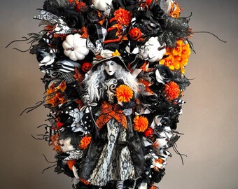 Luxury Halloween Witch Door Swag | Large Gothic Front Door Decor with Black Roses & Pumpkins