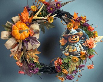 Rustic Halloween Wreath: Antlers, Feathers, and Burlap Bow