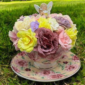 Teacup Fairy Flower Arrangement: Floral Patterned Teacup & Saucer
