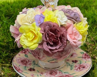 Teacup Fairy Flower Arrangement: Floral Patterned Teacup & Saucer